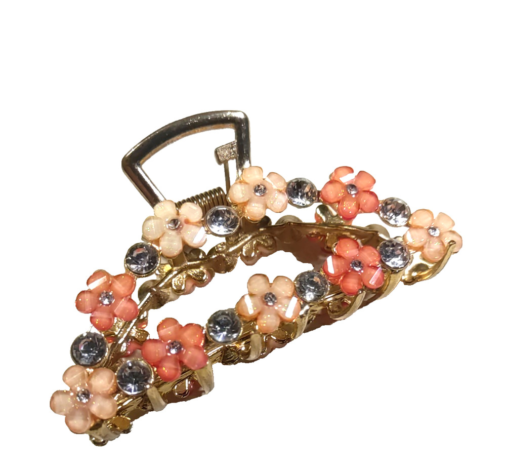 Floral Hair Claw Hair Barrette Gold Tone Pinks Rhinestone Flaw